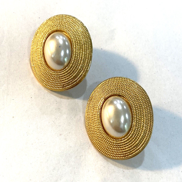 Napier Jewelry - Vintage Napier clip on earrings goldtone & faux pearl ovals retro Boss Lady look